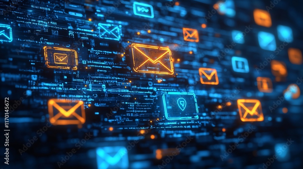 Digital email communication network, glowing icons.