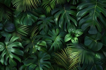  Tropical green leaves background with fern  palm  and Monstera Deliciosa.