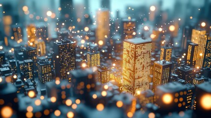 Wall Mural - a cityscape at night with glowing data streams flowing between buildings, symbolizing data driven ur