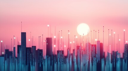 Wall Mural - a futuristic cityscape with buildings outlined in binary code, illustrating the pervasive nature of 