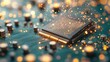 © MAY - A close up shot of a computer chip with glowing circuits, representing the hardware powering machine learning and AI processing.