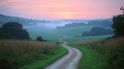 Wall Mural - Winding dirt road through misty valley at sunrise.