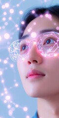 Poster - Digital Vision Asian Man Engages with Neon Holographic Interface in Futuristic Setting