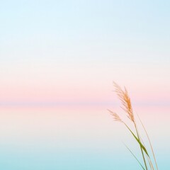 Aufkleber - Minimalist landscape featuring a serene pastel gradient sky blending soft pink and blue hues, with a single golden reed gently swaying in the foreground