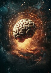 Poster - Surreal Brain in Digital Vortex with Binary Code and Fragments