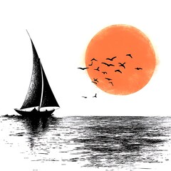 Wall Mural - Silhouette of a sailboat at sunset with a flock of birds flying over a large orange sun.