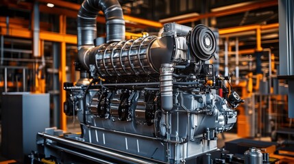 Poster - A detailed industrial engine showcased in a modern factory setting.