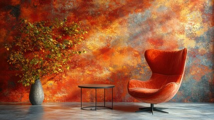 Wall Mural - Cozy interior with vibrant wall and modern furniture.