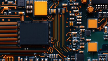 Wall Mural - A close-up view of a circuit board featuring microchips and intricate electrical pathways in vibrant colors.