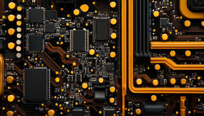 Wall Mural - A close-up of a black circuit board featuring intricate patterns of orange pathways and various electronic components.