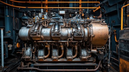 Poster - A detailed view of a large industrial engine with intricate piping and mechanical components.