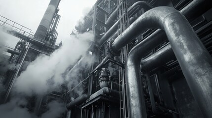 Aufkleber - A detailed view of an industrial facility with pipes and steam.