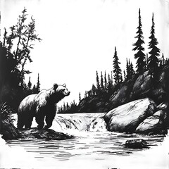 Wall Mural - A solitary grizzly bear stands on a rocky riverbank overlooking a cascading waterfall in a black and white illustration.