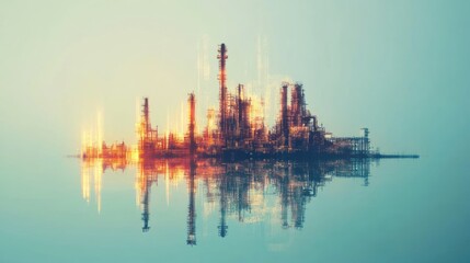 Aufkleber - A digital representation of an industrial complex reflected in water, showcasing energy production.