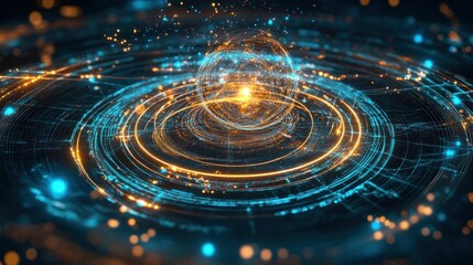 Poster - A digital representation of energy and motion with glowing particles and circular patterns.