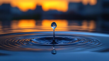 Wall Mural - Beautiful Splash of Water Drop Creating Ripples at Dawn with a Colorful Sunset in the Background, Capturing the Serenity of Nature and the Reflection in Calm Water