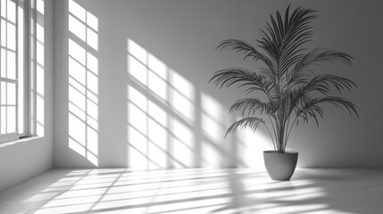 Wall Mural - Bright and Airy Interior Space Featuring a Potted Plant with Soft Shadows from Windows in Monochrome Style, Perfect for Modern Home or Office Decor