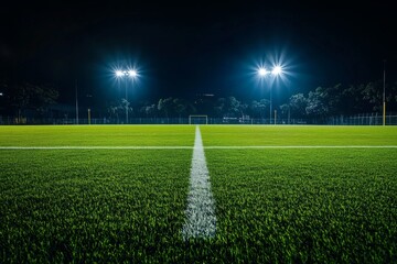 Wall Mural - Night soccer field with bright floodlights.