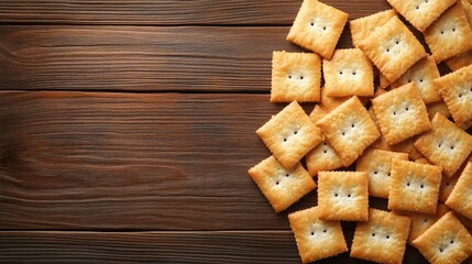 Poster - A clean image of salty crackers arranged in a neat pile on a wooden table with copy space.