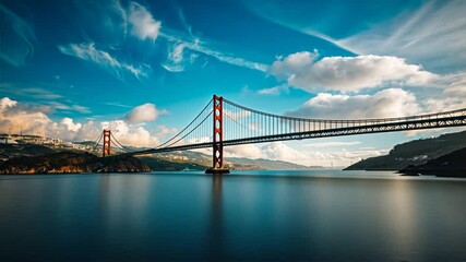 Poster - Stunning Suspension Bridge Over Calm River Scenic Landscape of Architecture, Nature, Water, and Vibrant Clouds in Sky