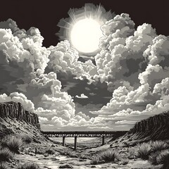 Wall Mural - Dramatic Black and White Illustration of a Railroad Bridge Crossing a Desert Canyon Under a Bright Sun and Puffy Clouds.