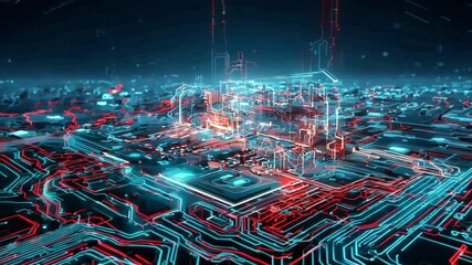 Wall Mural - computer technology abstraction with connected hardware or data servers in neon lights of wires