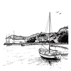 Wall Mural - Ink Sketch of a Sailboat Docked in a Picturesque Harbor Town.