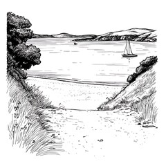 Wall Mural - Ink Drawing of a Coastal Path Leading to a Secluded Beach with a Sailboat in the Distance.