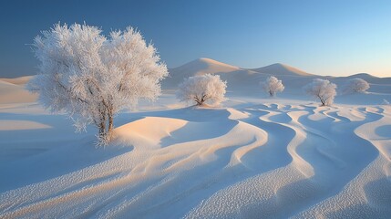Wall Mural - Frosty trees on a snowy desert landscape at sunrise.