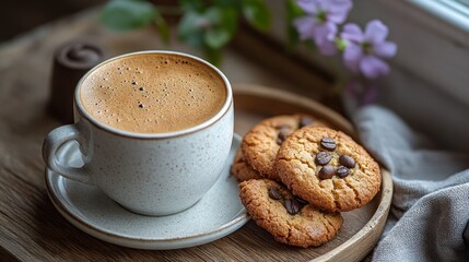 Wall Mural - Creamy coffee with chocolate chip cookies on wooden tray.