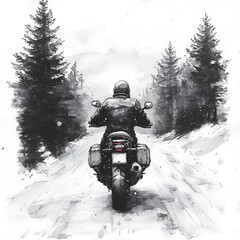 Wall Mural - Monochromatic Watercolor Painting of a Motorcyclist Riding Through a Snowy Forest.