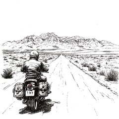 Wall Mural - A lone motorcyclist rides towards a majestic mountain range on a deserted road.