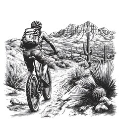 Wall Mural - A mountain biker rides through a desert landscape, enjoying the scenic beauty of the cacti and mountains.