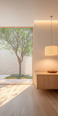 Modern interior design featuring a tree view in a serene architectural space