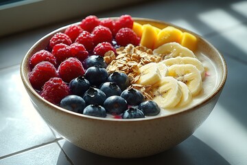 Wall Mural - Healthy breakfast bowl with raspberries, blueberries, banana, and granola.