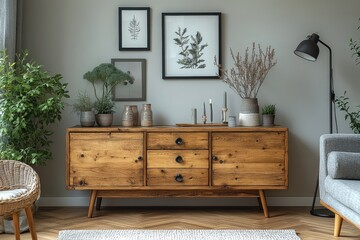 Cozy living room with wooden sideboard, three drawers, two doors, wicker armchair, coffee table, lamp stand, framed pictures, plants, grey sofa, white carpet, black metal legs, decorative candles, and