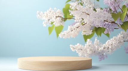 Wall Mural - Geometric empty podium wooden platform stand for product presentation and spring flowering tree branch with white lilac flowers on pastel light background