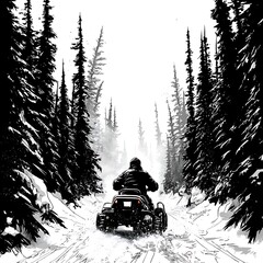 Wall Mural - A lone ATV rider traverses a snow-covered path through a dense, black and white winter forest.