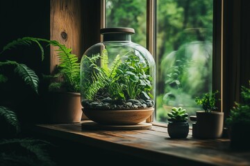 Wall Mural - This terrarium showcases various plants, perfect for indoor gardening enthusiasts. The lush greenery adds a vibrant touch to any room decor.