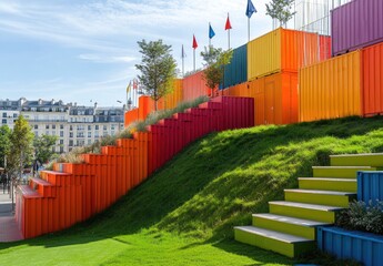 Wall Mural - A hillside made of colorful shipping containers, with stairs leading up to the top and greenery on its sides