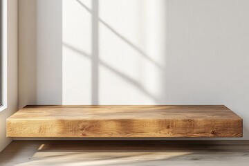 Wall Mural - Wooden shelf against white wall with sunlight.