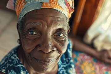 An older African woman in traditional attire, smiling broadly at the camera.