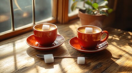 Wall Mural - Two red cups of coffee with sugar cubes on a wooden table by a window.