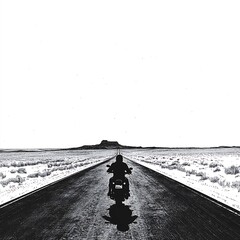 Wall Mural - Silhouette of a motorcyclist riding on a long, straight road through a desolate landscape.