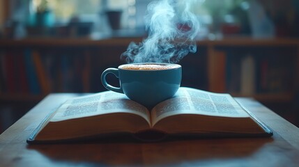 Wall Mural - Steaming cup of coffee on open book.