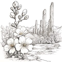 Wall Mural - Pen and Ink Drawing of Desert Flowers Blooming in Front of a Mountain Range with Tall Rock Formations.