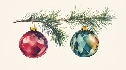 Wall Mural - Two colorful Christmas ornaments hanging on pine branch. Vintage postcard with composition of glass balls. Christmas, New Year and winter holidays concept. Design for greeting card in retro style