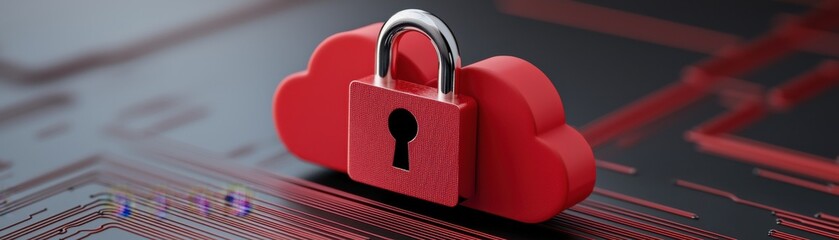 Wall Mural - A red cloud lock symbolizes cloud security and data protection in a digital environment.