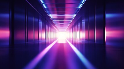 Poster - A futuristic corridor illuminated by vibrant neon lights leading to a bright focal point.