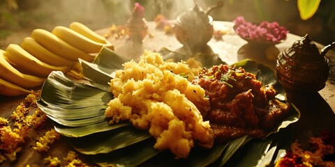 Wall Mural - Table with a variety of food, including bananas, and a leafy green leaf. The food is arranged in a way that makes it look like a buffet